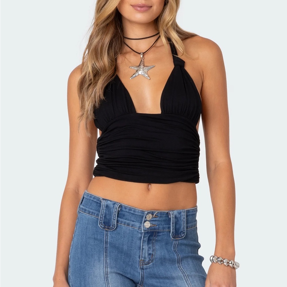 Edikted Black Halter Lillie Knotted Halter Top cropped small